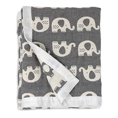 Living Textiles Muslin Jacquard Grey Elephant Soft Baby Blanket Reversible Premium Cotton For Best Comfort | Double Layer,Swaddle,Receiving,Infant,Toddler,Newborn,Nursery,Boy,Girl,Gift | 40X30 Inch #TOP6