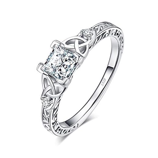 JewelryPalace Vintage Celtic Knot Engagement Rings for Women, White Gold Plated 925 Sterling Silver Cubic Zirconia Promise Rings, Anniversary Princess Cut Solitaire Simulated Diamond Ring Jewellery