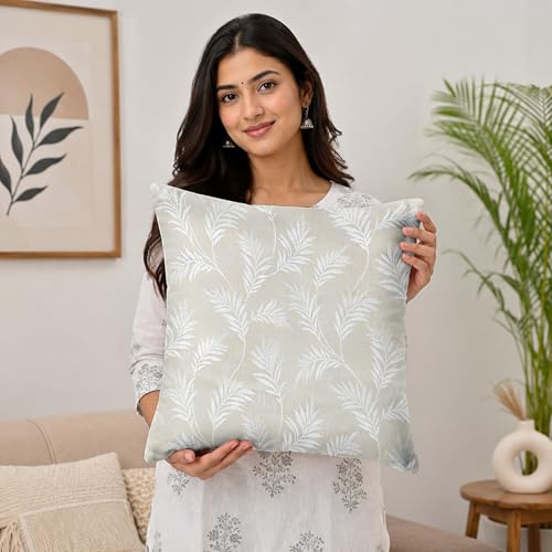 Image of Divine Casa Cushion Covers Set of 5 White Cream | 16x16 Inch Jacquard Sofa Cushion Covers | Decorative Leaf Pattern Throw Pillow Covers for Living Room & Bedroom