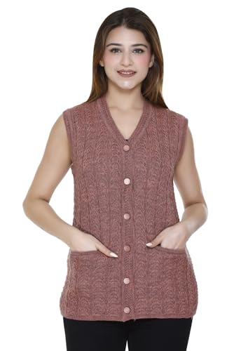 Image of aarbee Self Design Sleeveless V Neck Woollen Cardigan for Women with Front Pockets