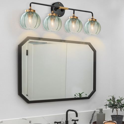 Image of 4-Lights Bathroom Light fixtures Glass Vanity Light Green Bathroom Sconce Mid Century Modern Wall Lamp,Black Gold Art Deco Vanity Light for Over Mirror Bedroom Hallway Dining Room