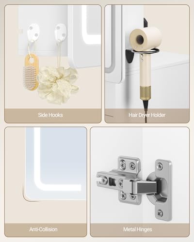 Miniatura 7 de Hzuaneri Armario Espejo Baño, Con Espejo Grande Y Luz Led, Espejoes Plegable De 3 Puertas, 3 Color, Estantes Ajustables, Soportes Y Ganchos Para Secador De Pelo, 16,5 X 80 X 75 Cm, Blanco Mc30003xeu