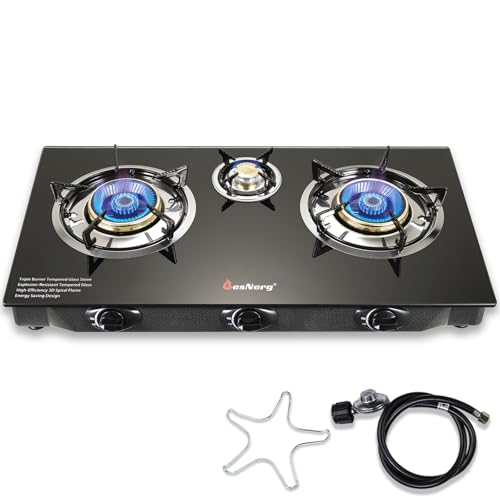 BesNerg Propane Stove 3 Burner Gas Stove, 34000 BTU High-Efficiency Auto Ignition Tempered Glass LPG Cooktop with CSA Regulator and Hose – for Outdoor Camping, RV, and Emergency Cooking