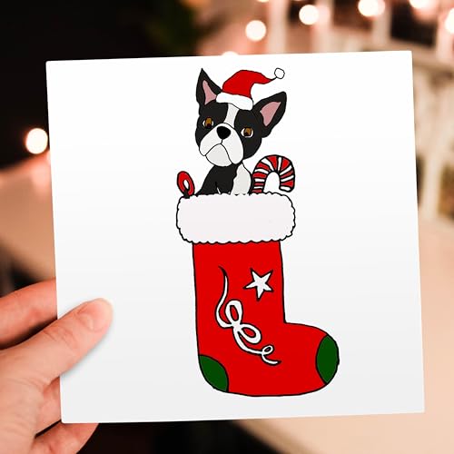 Cartes de vœux motif terrier de Boston chaussette Noël 15x15 cm pack 12