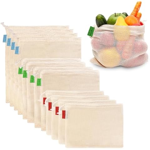 Ycsst 12 Pack Reusable Cotton Mesh Produce Bags - 100% Organic Cotton - Produce Bag - Double-Stitched - With Drawstring Produce Bag For Vegetables,Fruit & Grocery Shopping,4xS, 4xM, 4xL. Cover