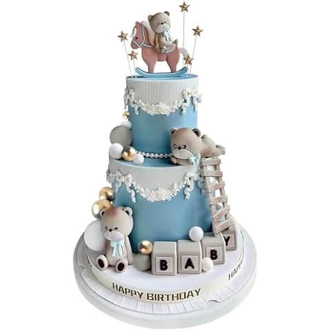Bear Cake Topper, Bear Cake Decorations with Balls Stars Cake Toppers for Boys Girls Baby Shower Birthday Party Decorations（Blue) Cover