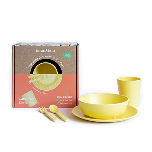 Bobo&Boo Bamboo 5 Piece Children’s Dinnerware, Sunshine Yellow, Non Toxic & Eco Friendly Kids Mealtime Set for Healthy Infant Feeding, Great Gift for Birthdays, Christmas & Preschool Graduations