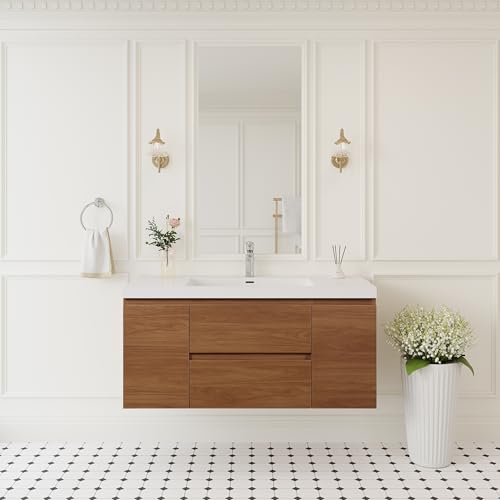 Image of KEIKI 48'' Wall-Mounted Bathroom Vanity with Sink - Floating Design, 2 Soft-Close Drawers & Doors & Resin Basin, Space-Saving for Bathrooms, Walnut