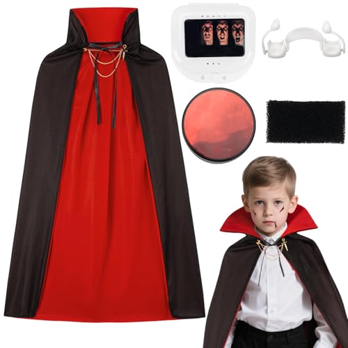 Vampir Kostüm Kinder Jungen,90/120cm Royal Vampirkostüm mit Kunstblut & Vampirzähne & Makeup Schwamm,Schwarz Rot Doppelseitig...