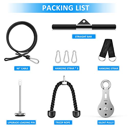 YINMIO Cable Pulley, Fitness LAT and Lift Pulley System, 2Meter DIY Pulley Cable Attachment, Cable Pulley System Gym, for Triceps Pull Down, Biceps Curl, Back, Forearm, Shoulder-Home Gym Equipment