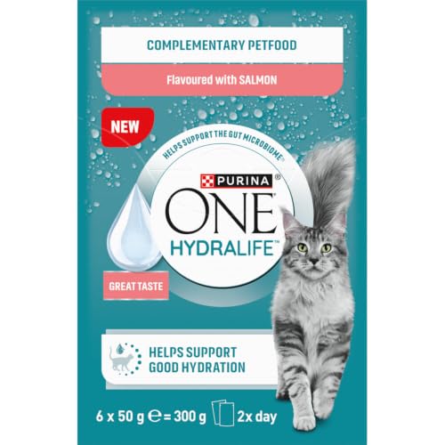 PURINA ONE | HYDRALIFE | Complementary Food for Adult Cats | Helps Promote Good Hydration and Support the Gut Microbiome in Cats | Salmon | Fresh Sachets | 6 x 50g