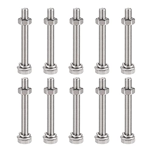 Image of uxcell M6 x 50mm Hex Head Screws Bolts, Nuts, Flat & Lock Washers Kits, 304 Stainless Steel Fully Thread Hexagon Bolts 10 Sets