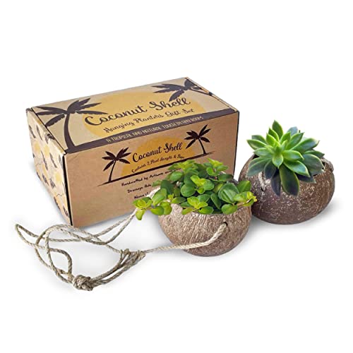 Coconut Shell Hanging Planter Gift Set | Handcrafted Hanging Plant Holder From A Reclaimed Coconut Shell | Flower Pot For Plants, Herbs, Succulents | Eco-Friendly Tropical Decor For Indoor & Outdoor #TOP2