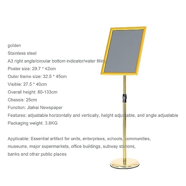 Verstelbare A3-posterstandaard, vloerbordhouder, zware ronde basis, zowel verticaal als horizontaal weergegeven, goud B