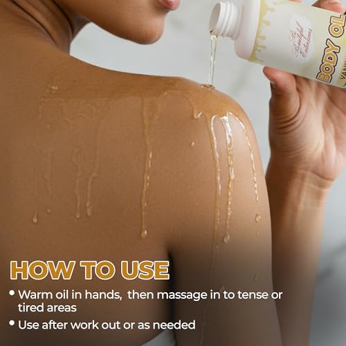 Image of Body oil designed for Deep Hydration to nourish, protect, and rejuvenate the skin while leaving it with a soft, radiant glow and a vanilla scent long -lasting fragrance jojoba oil and more 6.76oz
