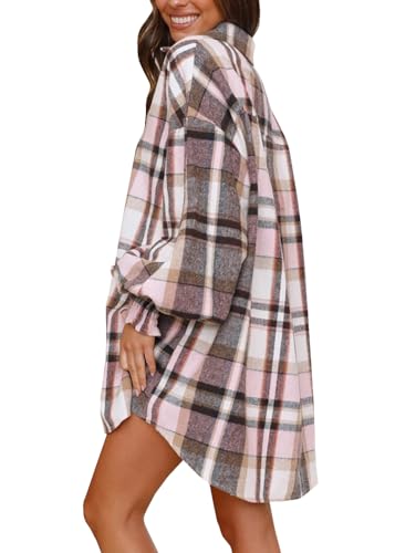 Danedvi Womens Oversized Flannel Plaid Shirts Jacket Button Down Long Ballon Sleeve Boyfriend Shacket Coats4