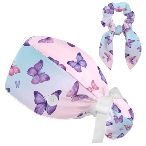 Image of Butterfly Scrub Cap Women with Ponytail & Buttons Adjustable Surgical Nurse Hat with Cotton Sweatband for Long Hair