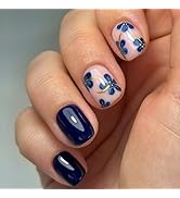 yefiuo Blue Pink Press on Nails Short Square Simple Flower Design Fake Nails Press ons Acrylic Fa...