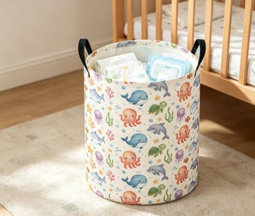 Image of Baby Laundry Basket Baby Nursery Hamper Kids Laundry Basket Toy Storage Bin for Boys Room Decor Gift Baskets for Bedroom Bathroom(Cute Ocean)