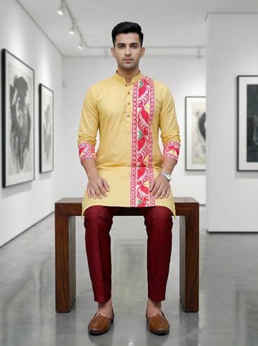 Image of Men's Jamdani Printed Kurta Pajama Set | Pure Cotton Ethnic Kurta with Mandarin Collar & Dupion Silk Pyjama | Festive & Weddings 303A12A 303SB12B(M XXL)