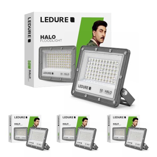 Image of LEDURE Halo 50W LED Flood Light | Pack of 4 | Cool White | IP65 Waterproof | Wide Voltage 150-300V | 4kV Surge Protection | BIS Approved | Outdoor Flood Light for Garden, Gate & Pathway