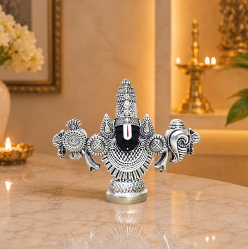 Image of Gold Art India Lord Venkateswara Balaji Idol | Silver-Plated Antique Matte Finish | 3.5 x 4.2 inch | Tirupati Balaji Statue for Home Mandir, Office & Gift Purpose