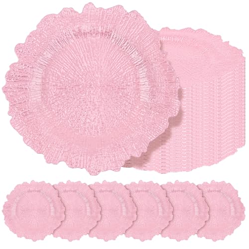 Teruntrue 24 Pcs Pink Charger Plates Bulk 13 Inch Plastic Charger Plates for Dinner Plate Pink Chargers for Table Setting Reef Design Plate Floral Decorative Round Chargers for Wedding Party Event
