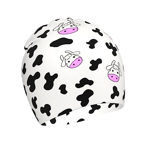 Rqzwdq Cartoon Cow Pattern Kids Beanie Hats Warm Knit Beanie Cap Skull Caps Gifts Decor for Boys Girls White