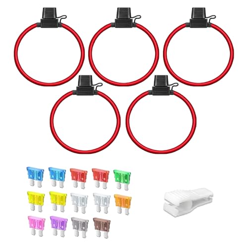 Kit de 19 Pièces Porte fusible Moyenne En Ligne, 12V Porte-Fusible （1）12AWG+ （4）16AWG, pour Voiture Camion Moto, 14 Fusibles Standard ATC/ATO 2A à 35A，pour Voiture, Camion, Moto, Bateau