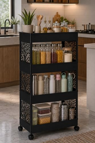 Image of Plastic Multipurpose 4-Tier Floor Mount Corner Shelf Kitchen Organizer Rack /Storage Shelf /Dish Rack /Storage Rack for Kitchen (22cmx40cmx91cm), (Black, 4 Layer)