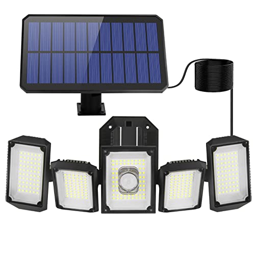 Luz Solar Exterior con Sensor de Movimiento: Lámpara Solar con 5 Cabezas & 4 Modos de Iluminación Luces Solares para Exteriores Impermeable - Foco Led Interior con Mando a Distancia & Cable de 5m