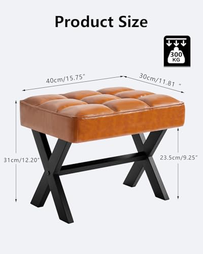 Image of IBUYKE Small 12 inch H Footrest Stool, Square PU Foot Stool with Metal X-Leg, Multi-Use as Small Side Table, Step Stool for Living Room, Bedroom, Entryway, Office, Light Brown WBD012J