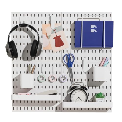 Peg Board Combination Kit, Modular Pegboard Wall Organizer with 4 Pegboards and 14 Accessories, Ideal for Crafts Storage, Ornament Display, Nursery, Office, and Gaming Setup, White, 22" × 22"