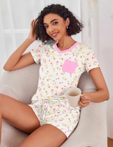Image of Ekouaer Womens Pajama Sets Short Sleeve Pajamas for Women Sets Soft Lounge Sets Casual V Neck Sleepwear PJS