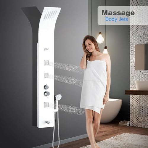 Image of JAAZ | Imperial White Shower Panel Tower System | 3 Body Jets, Tub Spout & Hand Shower with 3 Modes | Adjustable Knobs | Bathroom Shower Set