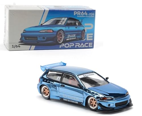 1:64 Diecast Model Car Compatible with Honda Civic EG6 Pandem Blue Chrome Limited Edition by Pop Race PR640206