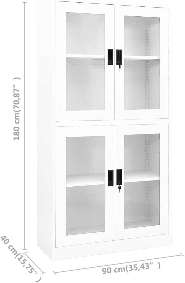 vidaXL Office Cabinet White 35.4"x15.7"x70.9" Steel and Tempered Glass