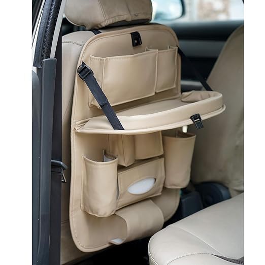 Car Backseat Organizer with Multi-Pockets β Leather Car Seat Back Protector with Foldable Table Tray β Travel Storage Bag for Kids & Adults β Universal Fit (Cream) - Image 3