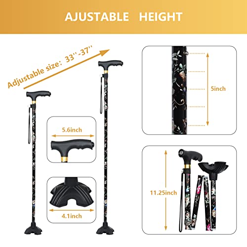 Junra Walking Cane With Led Light, Adjustable Folding Stick Walking Cane For Women And Men, Portable Foldable Collapsible Cane With Quad Base For Seniors Balance #TOP1