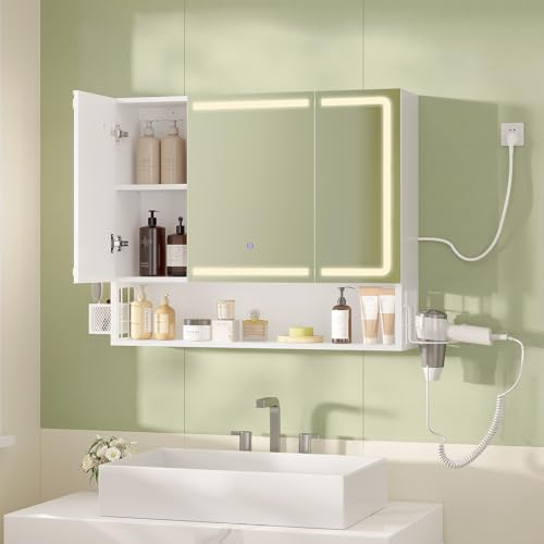 FORABAMB Armario Espejo Baño, Armario baño Pared con iluminación LED y Estación de Carga, Mueble Baño con Cesta de Almacenamiento y Estante Interior Ajustable, Tres Temperaturas de Color, 80x16x70 cm - imagen 9