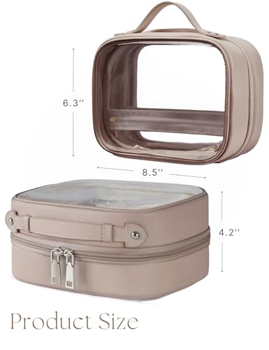 Clear Cosmetic Bag Double Layer 4 Compartments Travel Toiletry Bag Clear Makeup Bag Case with Zipper Transparent Travel Bag for Toiletries, Gift for Women Girls (Taupe, Small)3