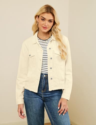 Image of luvamia Denim Jacket for Women Distressed Jean Jackets Button Up Vintage Western Trucker Jacket Frayed Hem Pockets