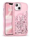 GVIEWIN Cute for iPhone 14 Case & iPhone 13 Case [Compatible with MagSafe] [Curly Wave Edge] Floral Translucent Magnetic Shockproof Protective Phone Cover for iPhone 14/13 6.1'', Floratopia/Pink