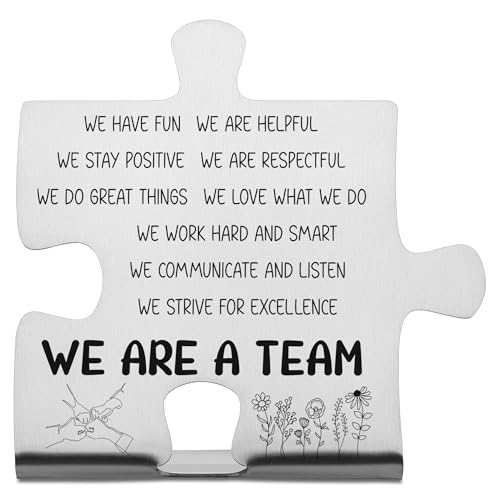 We Are a Team Puzzle Desk Sign for Coworkers Employees Friends, Engraved Stainless Steel Motivational Gift, Inspirational Office Decor Plaque for Team Values and Appreciation - FSD334