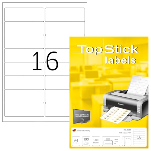 TopStick A4 Self Adhesive Address Labels, 16 Labels Per Sheet, 100 Sheets, 1,600 Labels, 99.1 x 33.8 mm, Blank Printer Labels For Laser & Inkjet, Printable Sticky Paper Labels for Office & Home