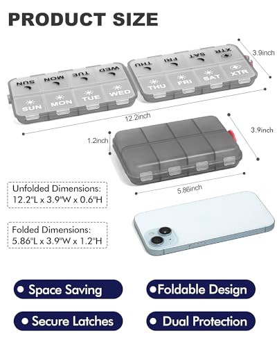 Image of Pill Organizer Travel Medicine Organizer - Weekly Pill Organizer with 2 Extra Compartments, Clear Printed Labels, AM PM Pill Dispenser