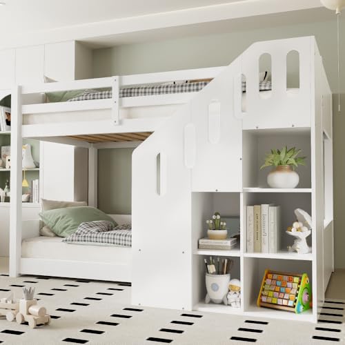 Litera infantil de 90 × 200 cm, cama doble multifuncional con escalera y armarios de almacenamiento, con guardaespaldas estables, blanco (sin colchón)