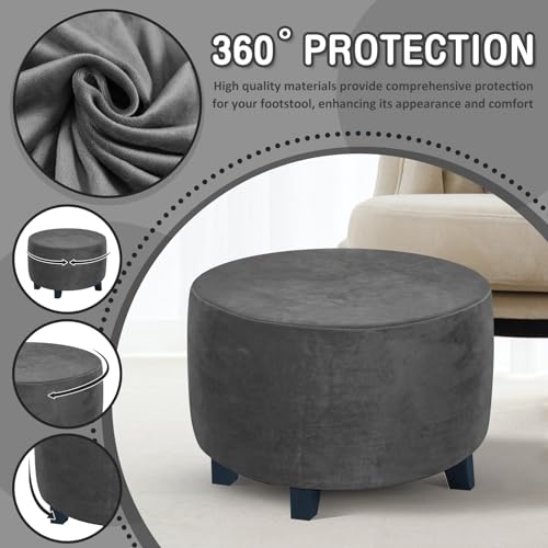 Eummy High Stretchy Round Ottoman Cover - Soft Plush Velvet Footstool Slipcover with Anti-Slip Elastic Design - Washable Protector (Grey) - Cosy Home Interiors Eummy High Stretchy Round Ottoman Cover - Soft Plush Velvet Footstool Slipcover with Anti-Slip Elastic Design - Washable Protector (Grey) - Image 6