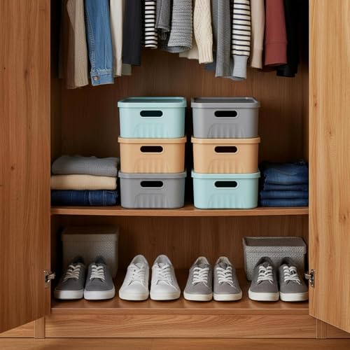 Image of SR Plastic Storage Baskets with Lids - Multipurpose storage and organisers for Kitchen, Clothes,Toys, Office - Durable & Stackable storage box and organiser for Home & Kitchen(3 Pcs)