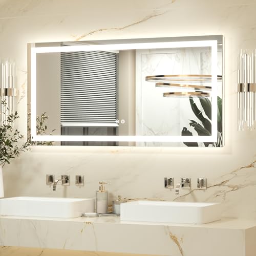 Keonjinn 120x60 cm Miroir de salle de bain avec lumières LED, miroir antibuée pour courtoisie avant et arrière éclairé à 3 couleurs avec intensité variable, miroirs rectangulaires à montage mural